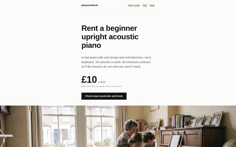 Piano Rental homepage, built by AI Speed