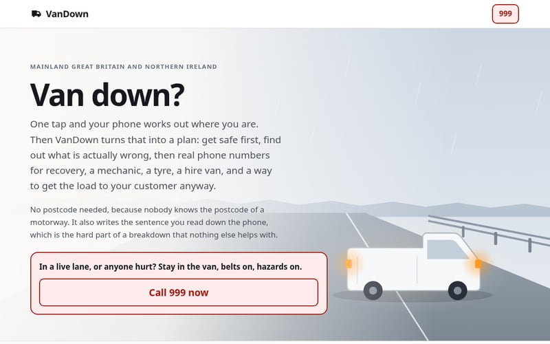 VanDown homepage, built by AI Speed